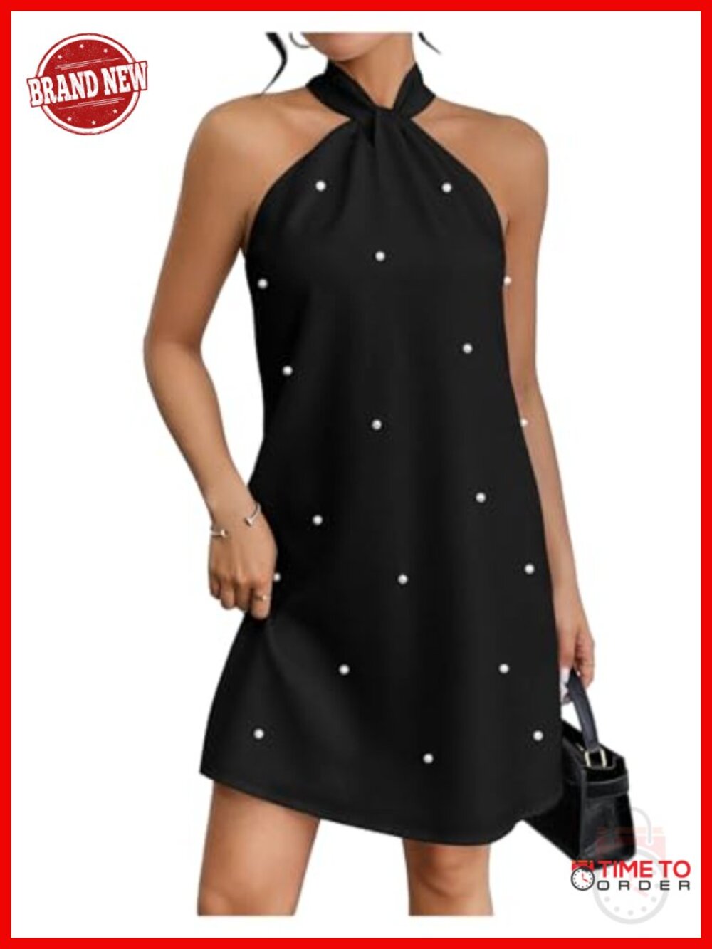 Pearl Beaded Halter Tie Back Sleeveless Midi Dress